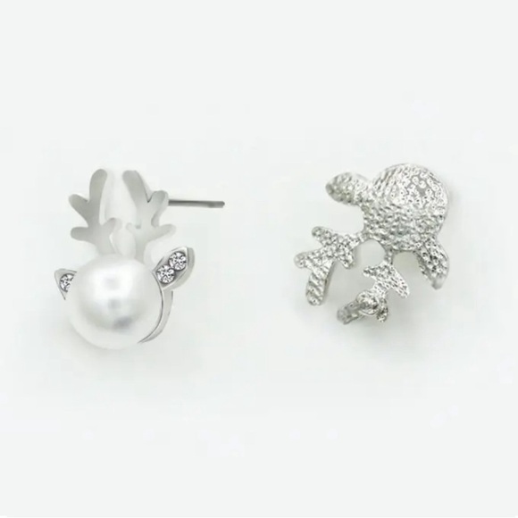REINDEER‎ ANTLERS Christmas Pearl & Rhinestone Silver Tone Holiday Earrings NEW - Picture 5 of 8